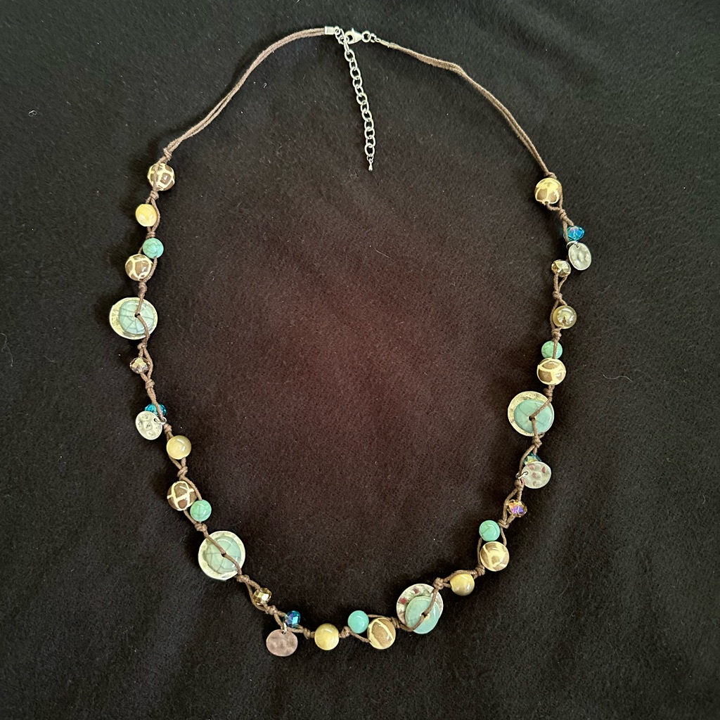 Ethel & Myrtle Necklace 34-35 Inches Long, 3 Inch Extender. Blue/Brown/Silver.